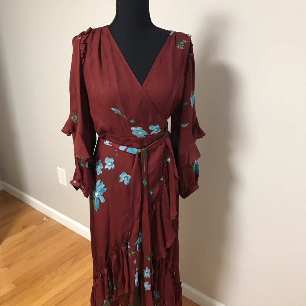 Joie Burgundy Floral Wrap High Low Long Sleeve Dress